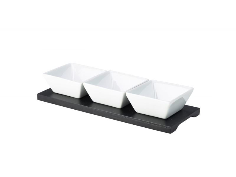Black Wood Dip Tray Set 27 x 10cm W/ 3 Dishes