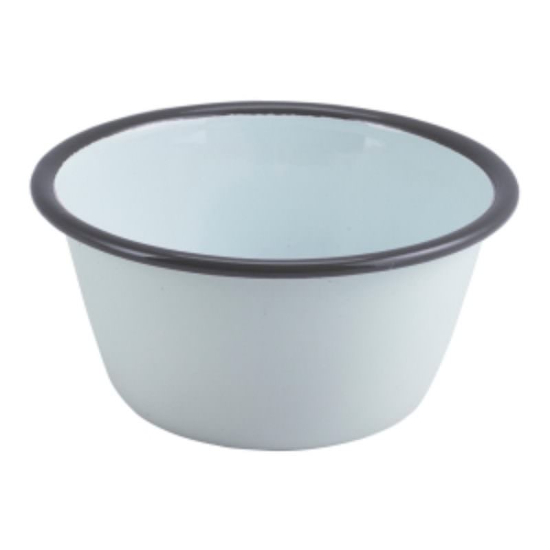 Enamel Round Deep Pie Dish White with Grey Rim 12cm