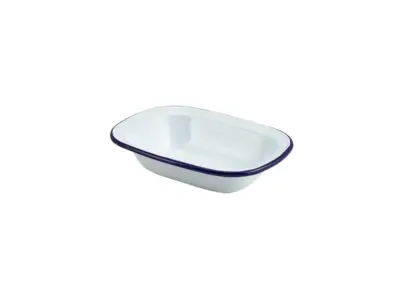 Enamel Rect. Pie Dish White & Blue 18cm